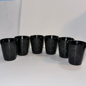 Six Libbey Black Shot Glasses - etched design on each